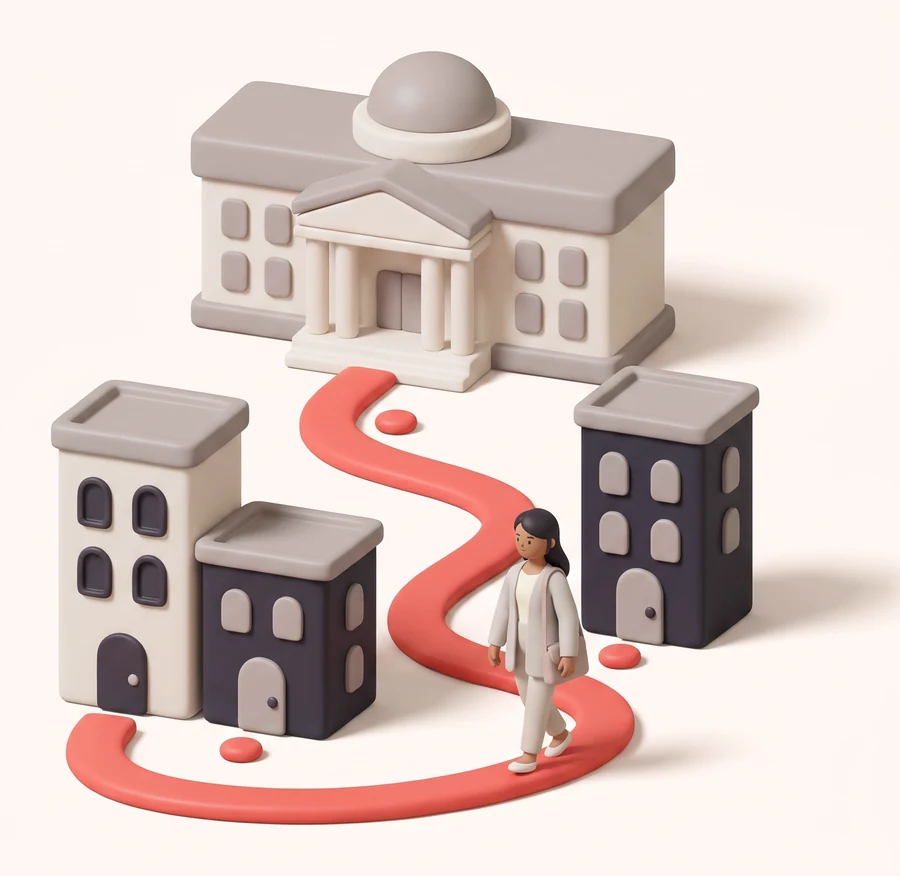 标注了从住宅到大学步行路线的街区地图插画